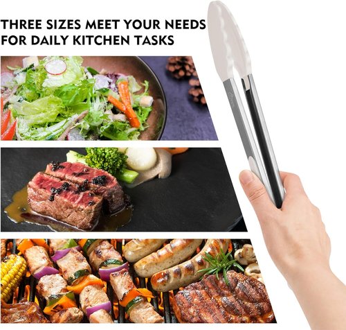 HOTEC Premium Stainless Steel Kitchen Tongs - Locking Design with Silicone Tips, Set of 2 (9" & 12")
