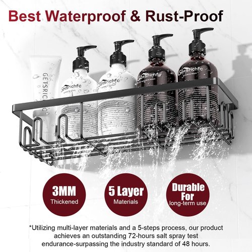 Getsrichfc Shower Caddy - Rustproof Adhesive Shelves for Large Capacity Bathroom Storage | Black
