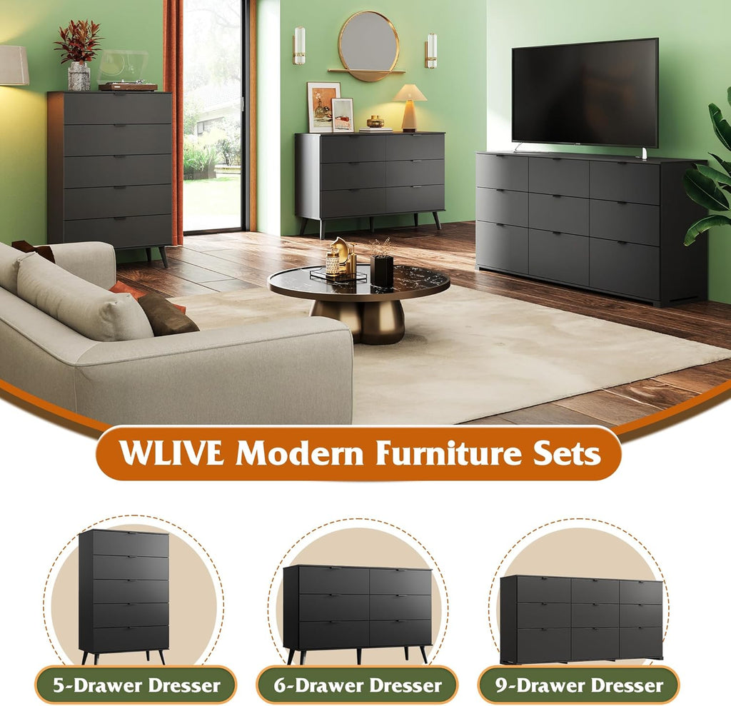 WLIVE 5 Drawer Dresser - Tall Wooden Storage Organizer with Sturdy Metal Handles | Black Finish for Bedroom & Living Room