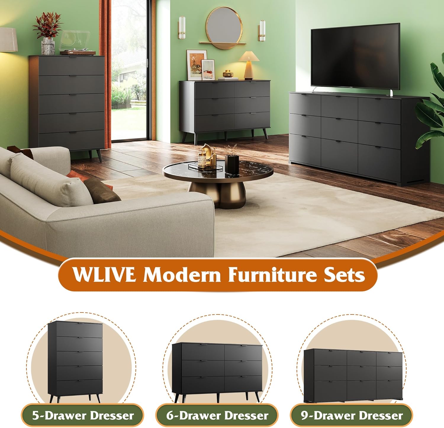 WLIVE 5 Drawer Dresser - Tall Wooden Storage Organizer with Sturdy Metal Handles | Black Finish for Bedroom & Living Room