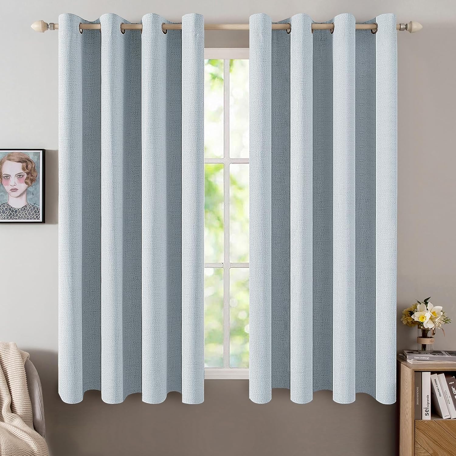MIULEE Blackout Curtains - 100% Thermal Insulated Linen Textured Drapes | Chambray Blue, 52 x 63 Inch (2 Panels)