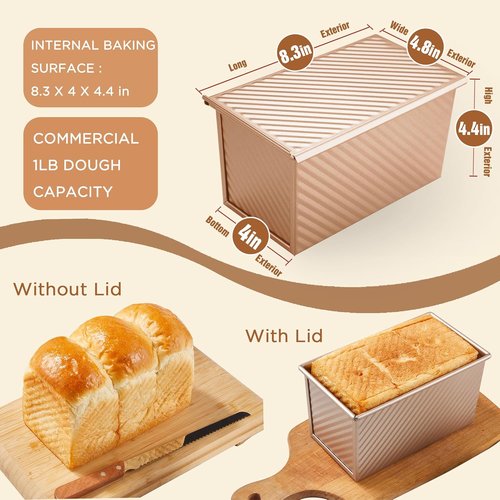 KITESSENSU Non-Stick Pullman Loaf Pan Set - 2 Pack with Lid, 1 lb Capacity, Gold Carbon Steel Bakeware