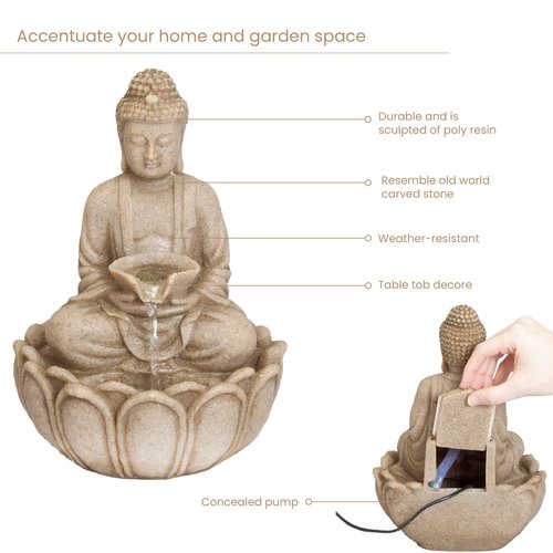 Bits and Pieces - Indoor Meditating Buddha Fountain - Compact & Lightweight Water Fountain Tabletop Decoration