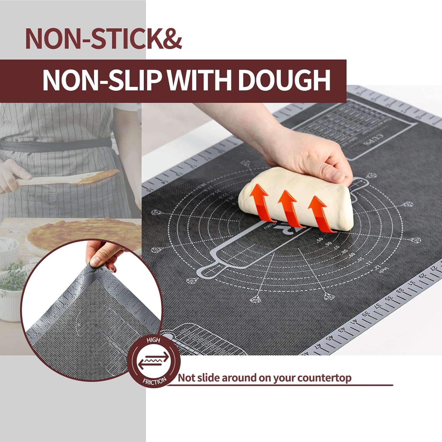 Silicone Pastry Mat - Extra Large Non-Slip Baking Mat with Measurements | 26''x16'' Translucent Grey