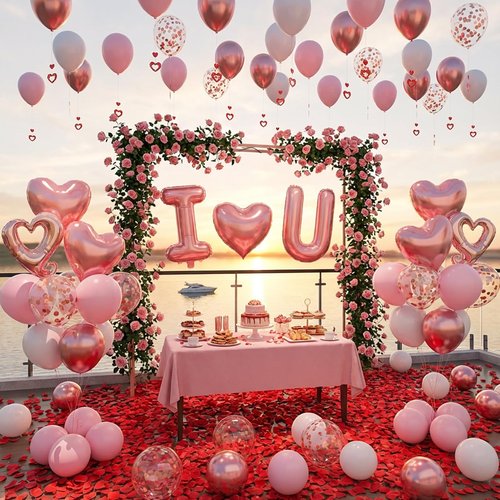 I Love You for Her/Him Balloons 87pcs Light Pink and White Rose Gold Balloon kit Include Heart Shaped Balloons and 400pcs Red Artificial Rose Petals for Romantic Hotel Decoration Valentines Party Kit