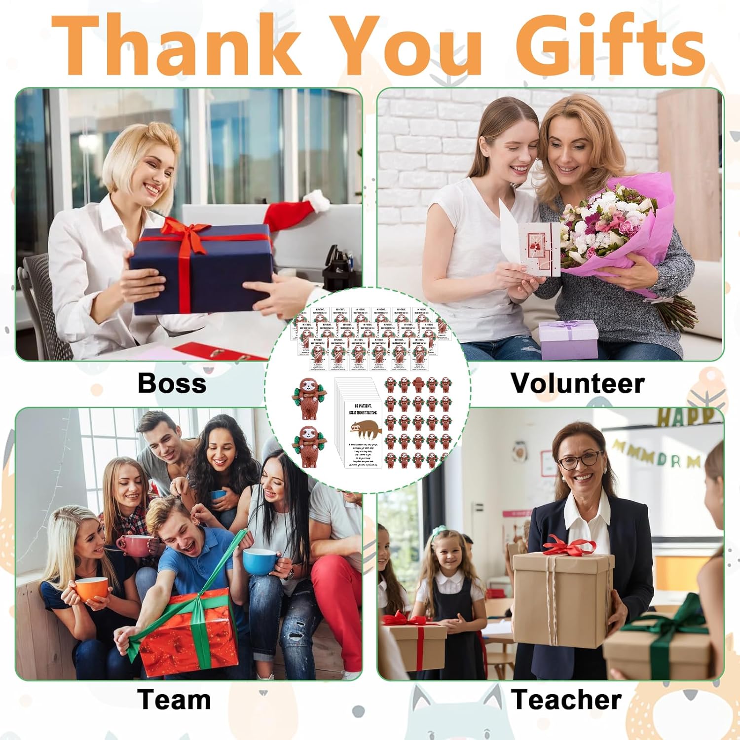Skiennix Sloth Gifts - 30 Set Mini Resin Animals with Positive Cards for Employee Appreciation | Cute Table Decor