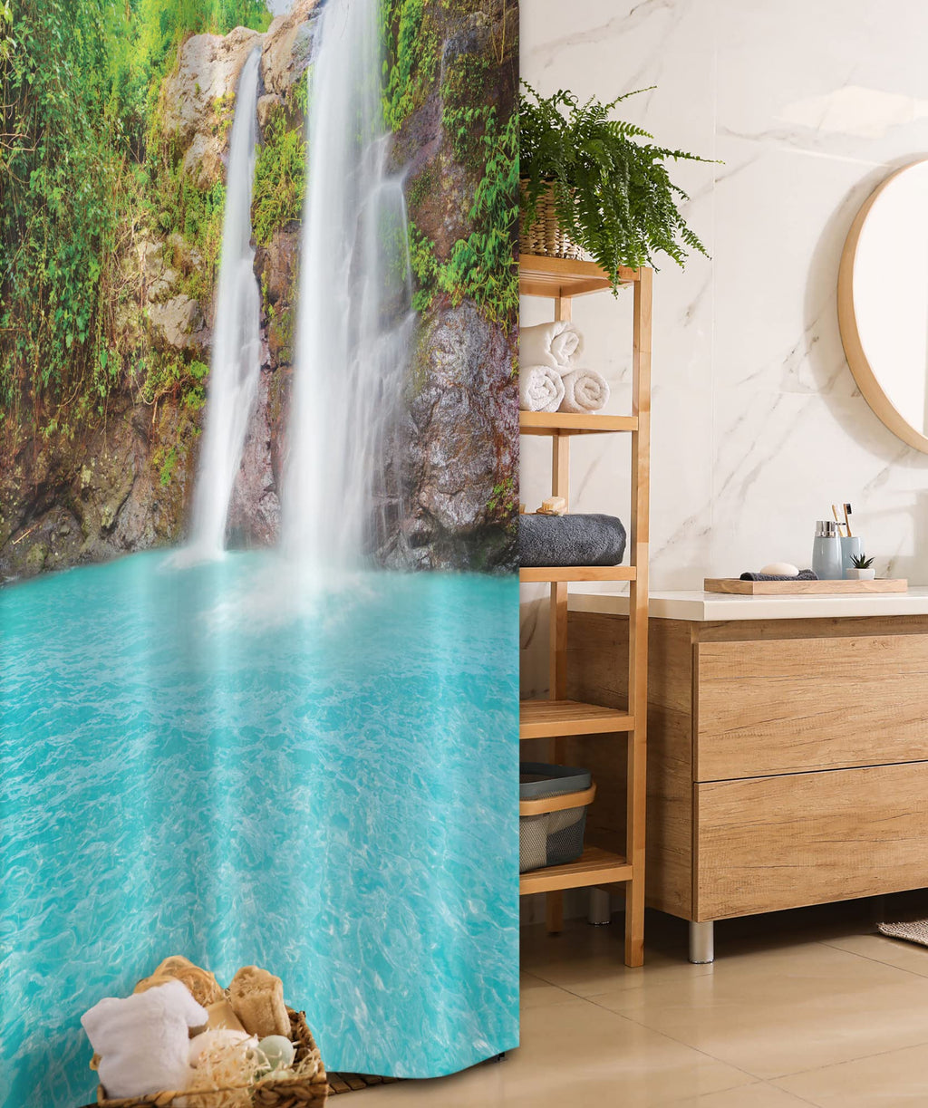 Ambesonne Waterfall Stall Shower Curtain, Waterfall and Clear Natural Pool Plants Sunbeams in a Summer Day View, Fabric Bathroom Decor Set with Hooks, 36" W x 72" L, Aqua Green Pale Brown