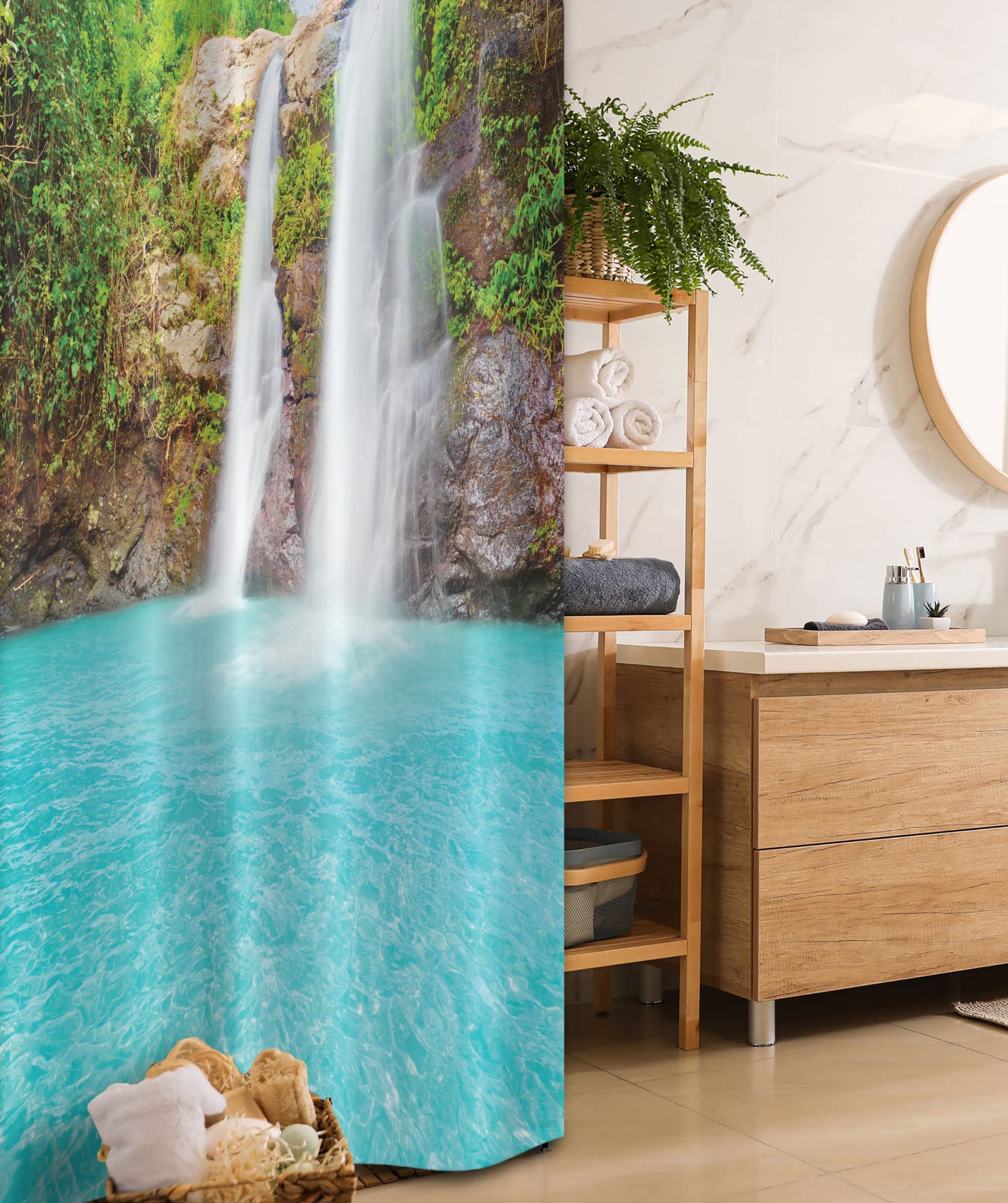 Ambesonne Waterfall Stall Shower Curtain, Waterfall and Clear Natural Pool Plants Sunbeams in a Summer Day View, Fabric Bathroom Decor Set with Hooks, 36" W x 72" L, Aqua Green Pale Brown