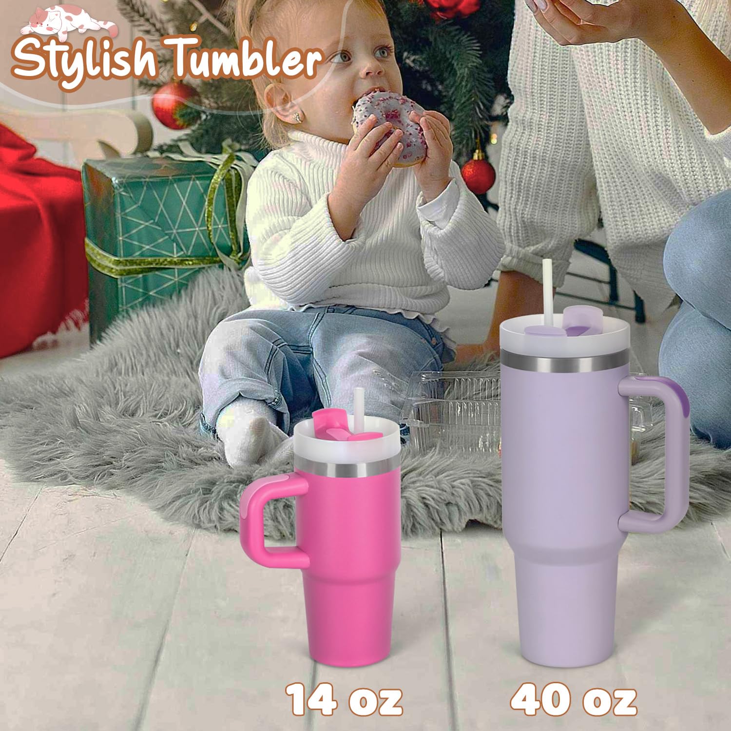 Cosictic 14 Oz Tumbler with Handle and Straw for Kids, Stainless Steel Double Wall Vacuum Insulated Cup for Children, 14 Oz Cups for Kids (Hot Pink)