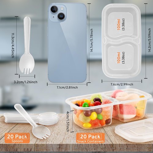 WEST STORY 20 Set Snack Containers with Lids & Spoons, Reusable Double Compartment Condiment Containers for Lunches Picnics Parties, BPA-Free, Microwave Safe, Transparent