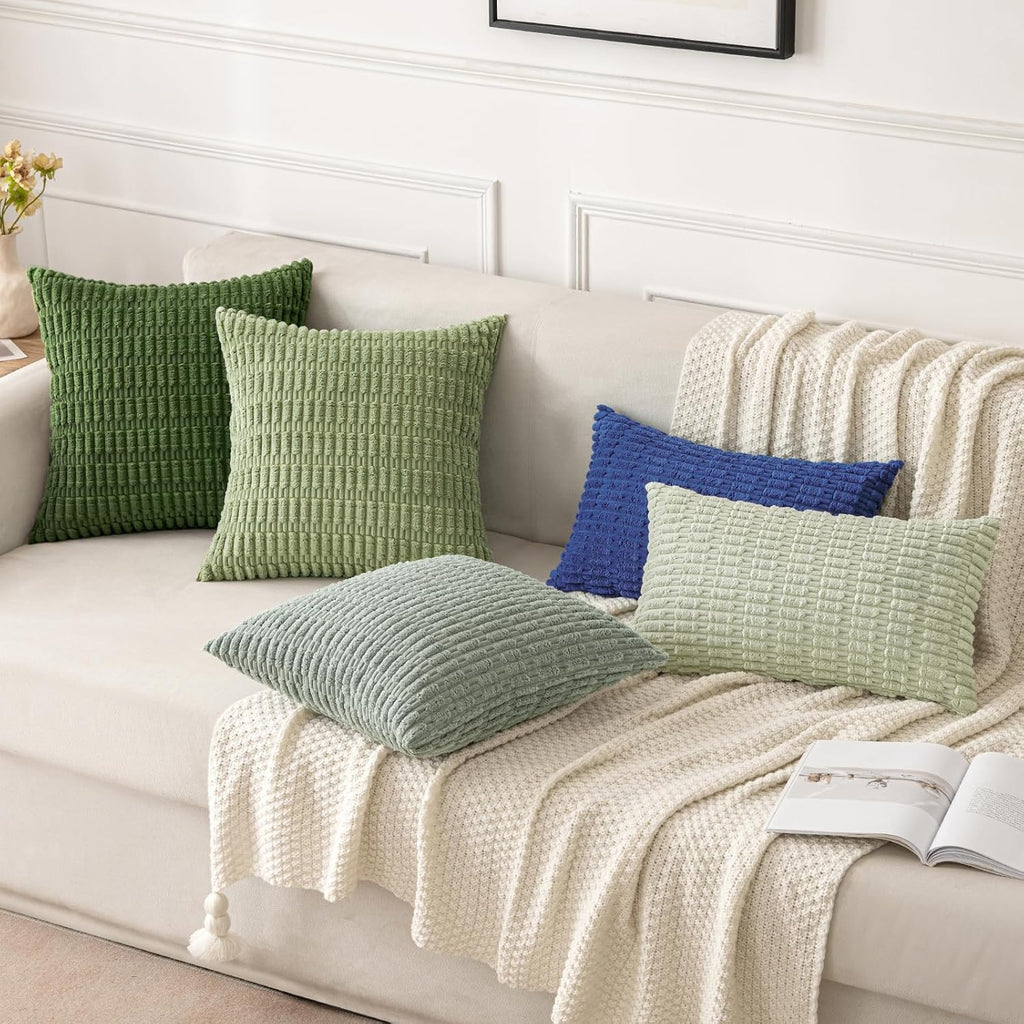 MIULEE Decorative Throw Pillow Covers - Soft Boho Striped Corduroy | Pack of 2, 18x18 Inch, Moss Green for Modern Farmhouse Decor
