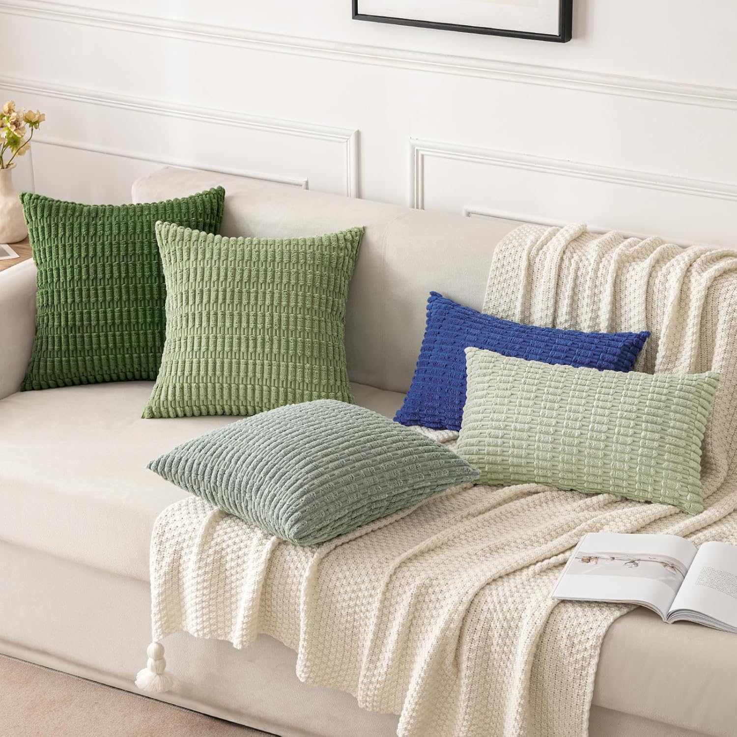 MIULEE Decorative Throw Pillow Covers - Soft Boho Striped Corduroy | Pack of 2, 18x18 Inch, Moss Green for Modern Farmhouse Decor