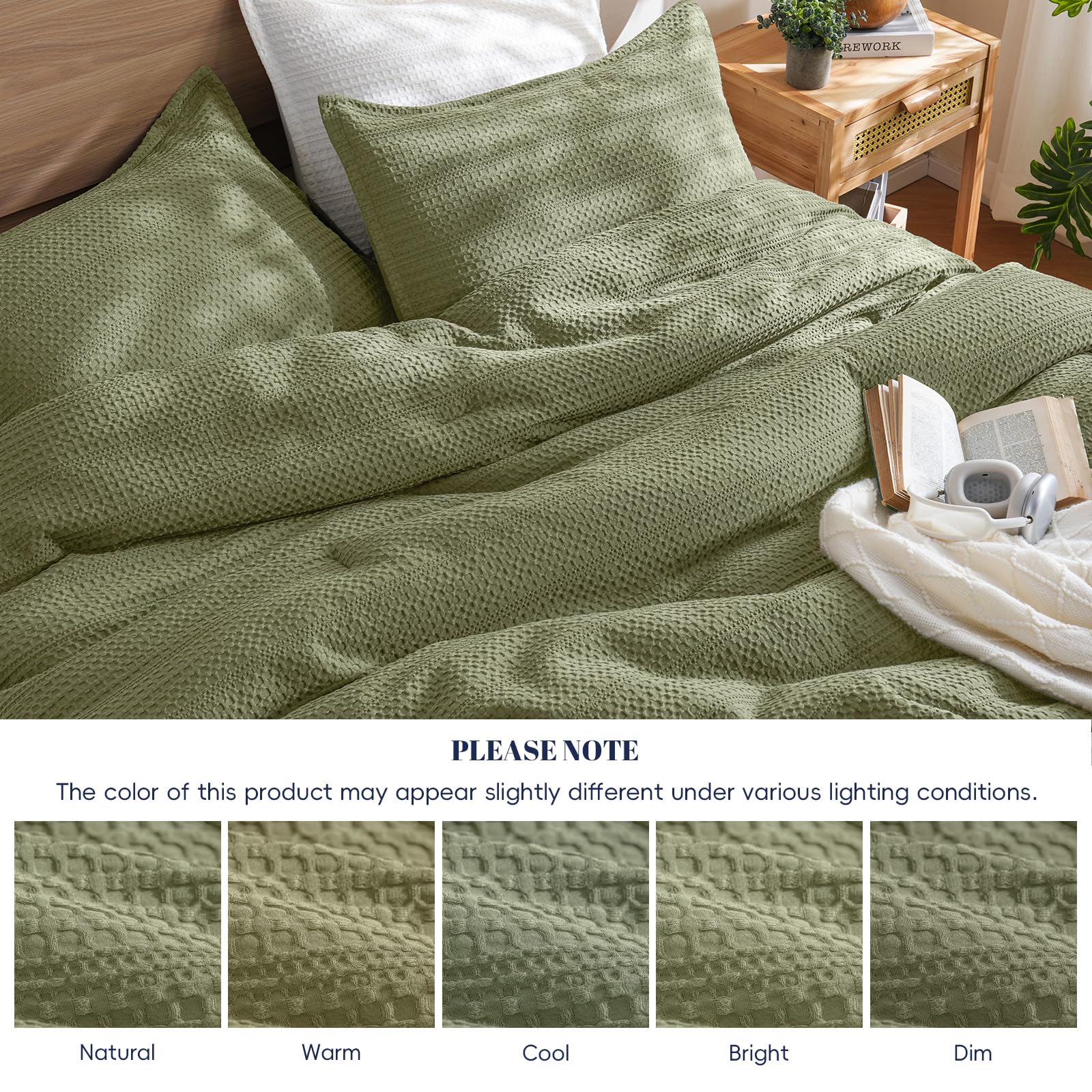 PHF Soft Waffle Comforter Set King Size- Comfy Breathable Waffle Weave Comforter with 2 Pillow Shams, 3 Pieces Less Snagging Lightweight Textured Bedding Set for All Season, Olive Green