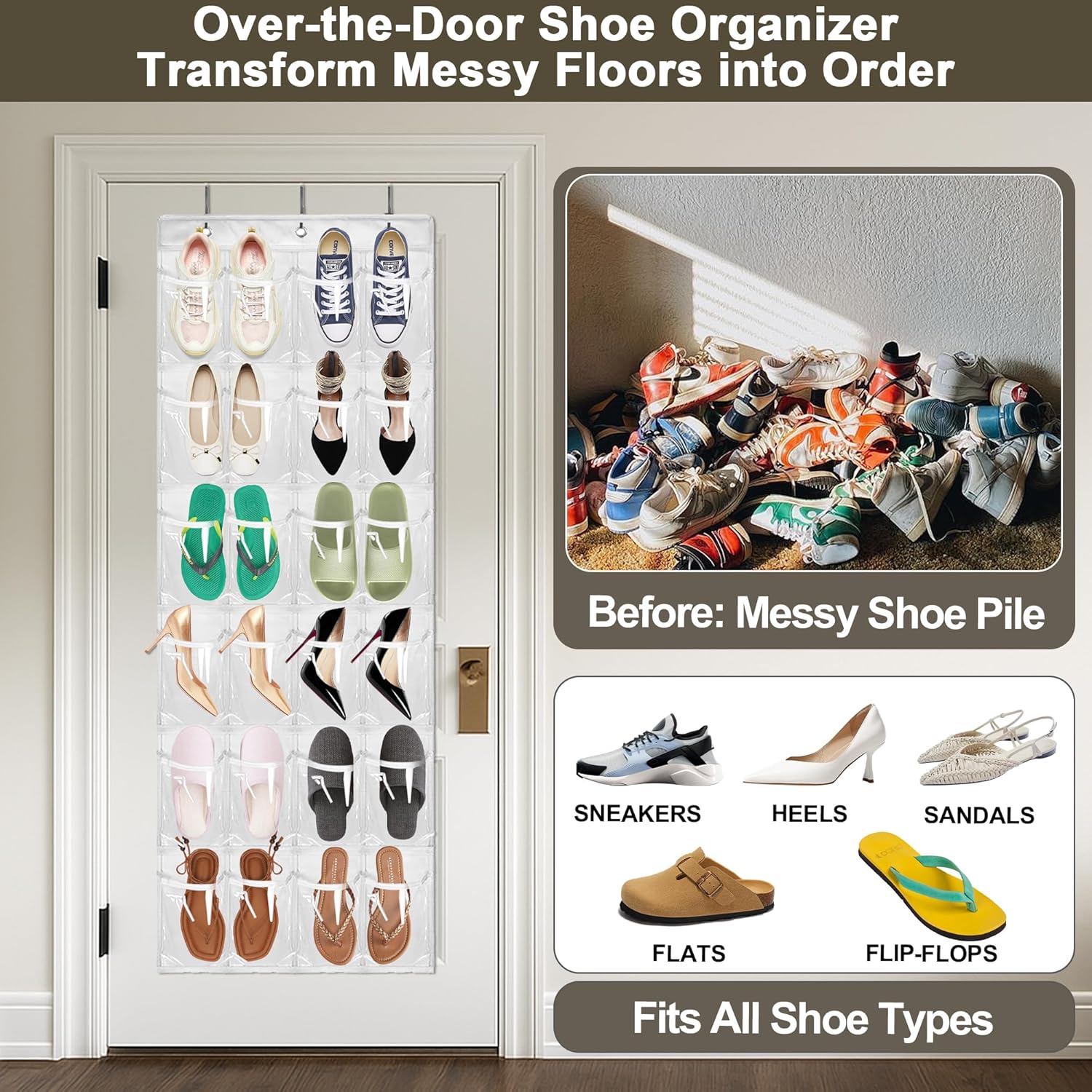 Over The Door Shoe Organizer - 24 Clear Pockets & Metal Hooks | Heavy Duty Space-Saving Storage (White)