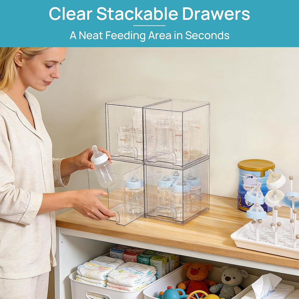 Vtopmart Clear Stackable Storage Drawers - 7.6" Plastic Organizers for Skincare & Cosmetics | 4-Pack