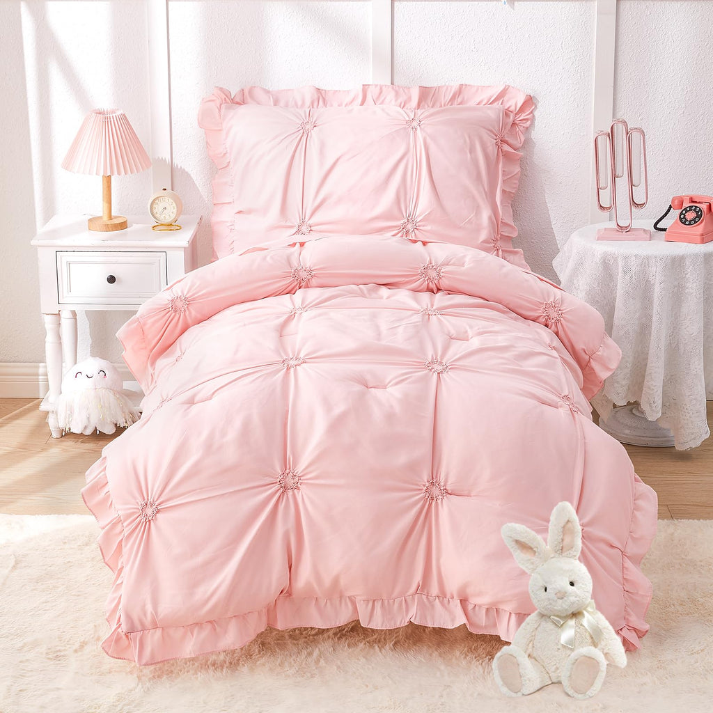 Wowelife Princess Toddler Bedding Set for Girls, Boho Toddler Bed Set, 4 Pieces Ruffles Jacquard Embroidery Toddler Comforter with Comforter, Fitted Sheet, Flat Sheet and Pillowcase, Pink