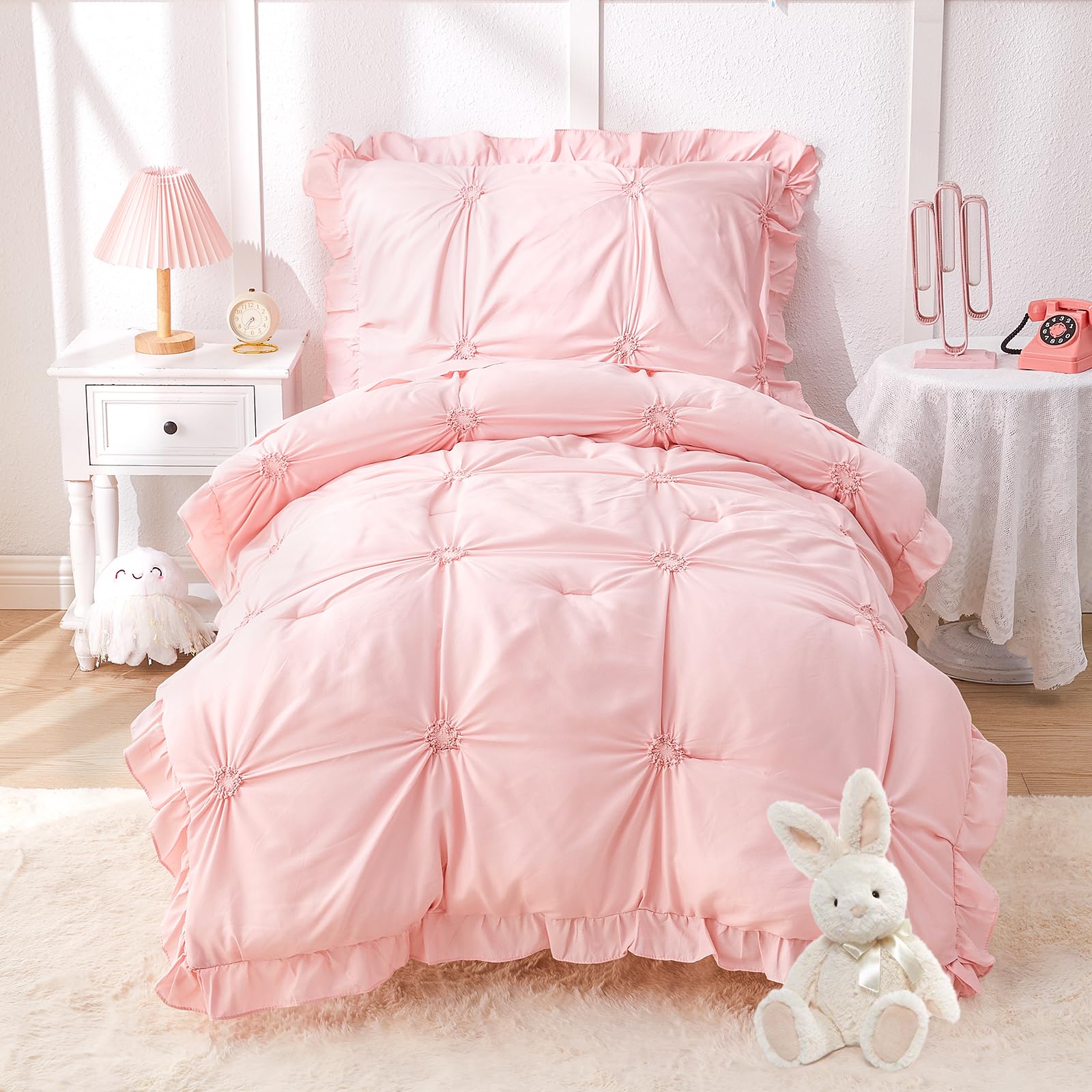 Wowelife Princess Toddler Bedding Set for Girls, Boho Toddler Bed Set, 4 Pieces Ruffles Jacquard Embroidery Toddler Comforter with Comforter, Fitted Sheet, Flat Sheet and Pillowcase, Pink