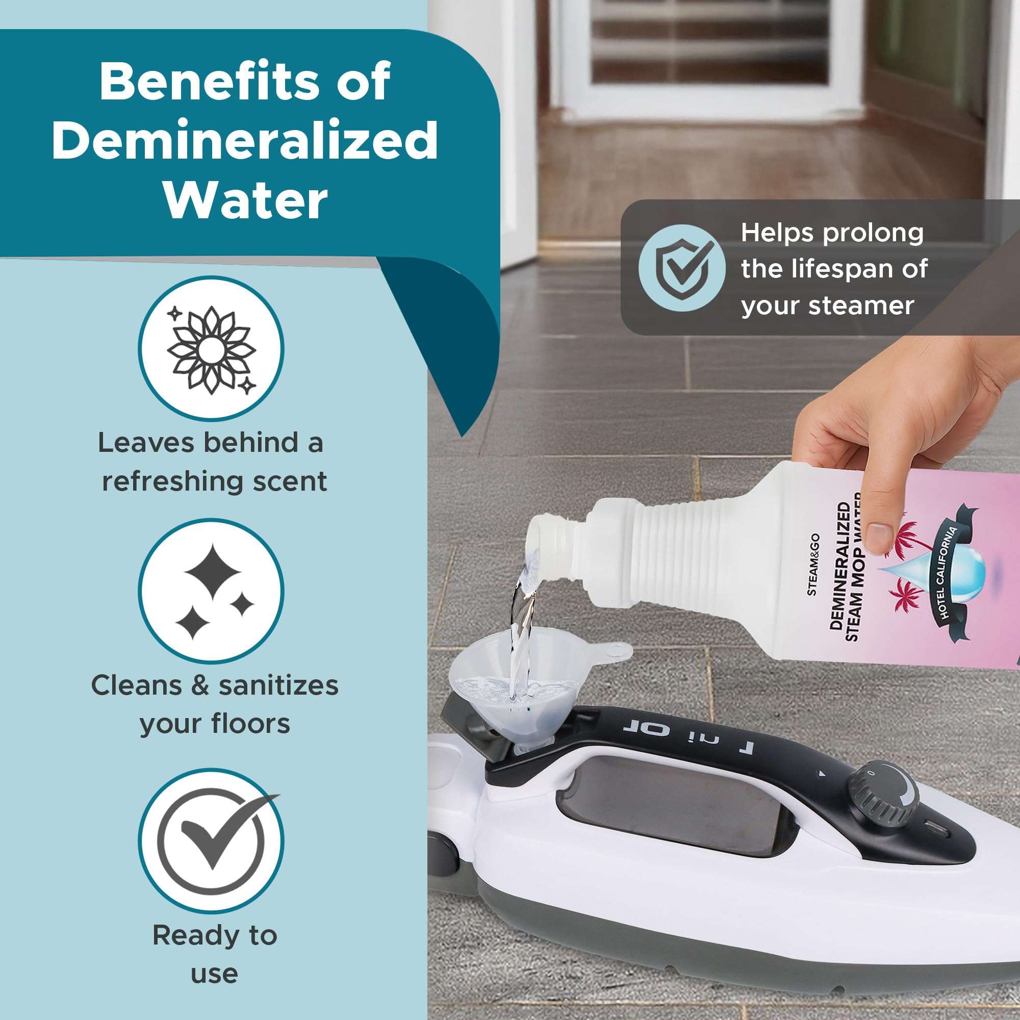 Steam & Go Demineralized Water for Steam Mop – Hotel California Scent, 32 Ounces (Pack of 1) | Scented Floor Cleaner Solution, Ready-to-Use, Compatible with Any Steam Cleaner