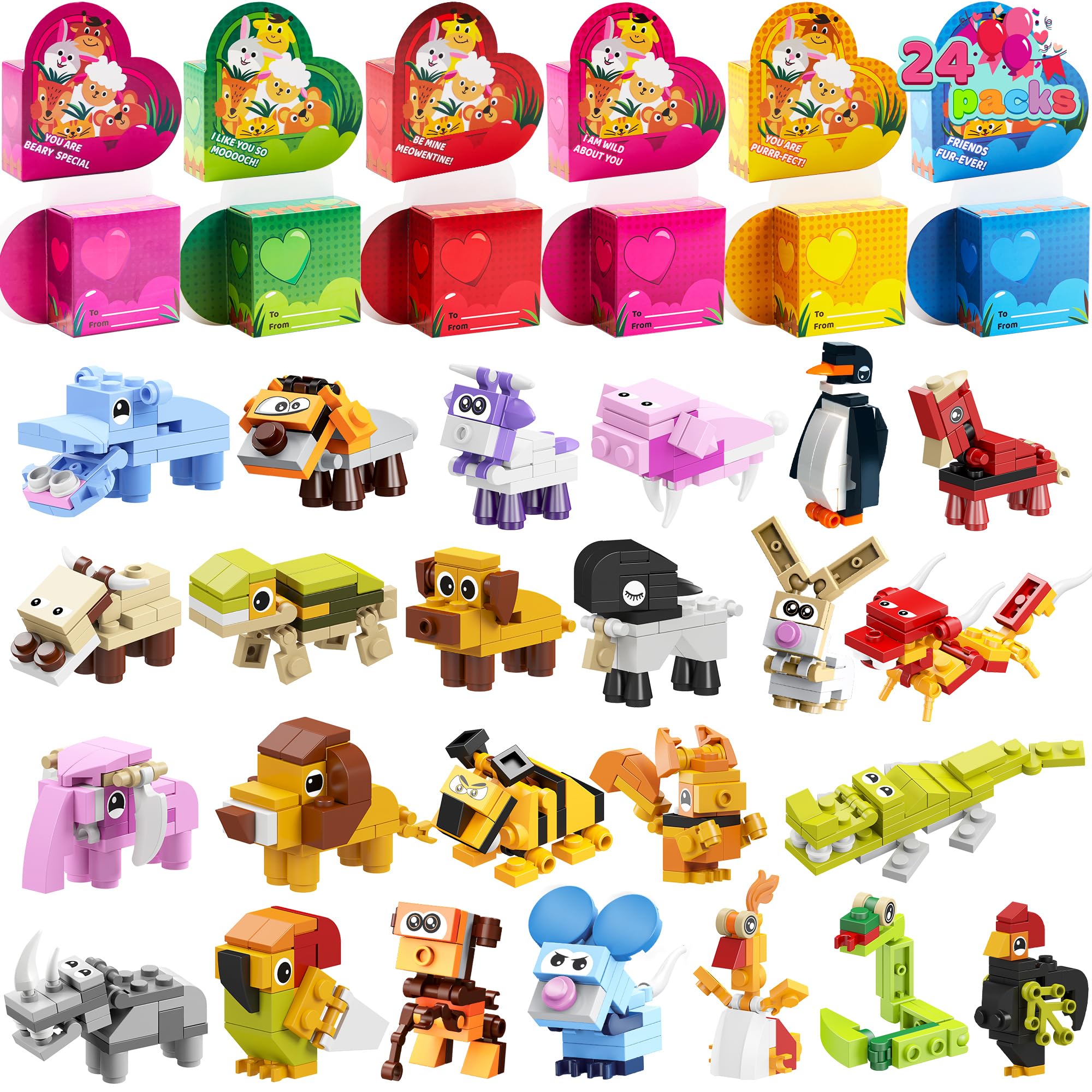 JOYIN 24 Packs Valentines Animal Building Blocks with Hearts Party Favors for Kids Valentine Classroom Prize, Classroom Gift Exchange School Rewards