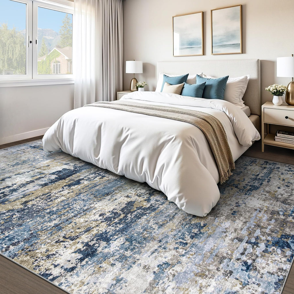 pmtsns Area Rugs 8x10 for Living Room: Washable Rug Modern Abstract Neutral Soft Non-Slip Low-Pile Indoor Large Carpet for Bedroom Dining Room Home Office Children's Room(Blue Grey Brown, 8'x10')