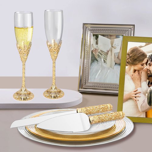 Jozen Gift Champagne Flutes-Set of 2 Champagne glasses, Crystal Glasses&Metal Base, Toasting Flute Pair, Wedding Anniversary, Party,Birthday,Banquets,Gifts for Bride and Groom 6 oz-Gold