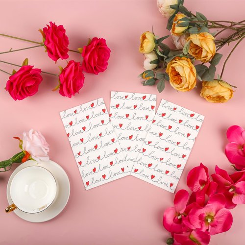 100Pcs Love Red Hearts Guest Napkins Valentines Paper Hand Towels Line Love Lettering Disposable Guest Towel Dinner Buffet for Wedding Anniversary Bridal Shower Party Supplies