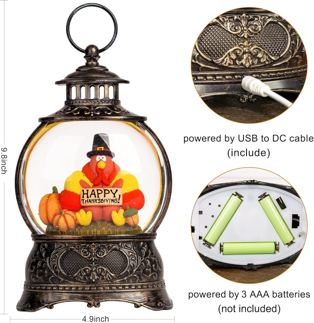 Regine Switzerland Snow Globe - Swirling Glitter Thanksgiving Lantern | Autumn Harvest Decor (Turkey & Pumpkins)