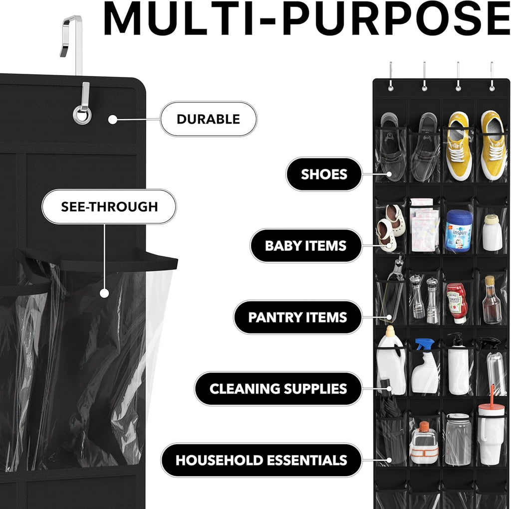 Simple Houseware 24 Pockets Over The Door Hanging Shoe Organizer - Crystal Clear, Black (64'' x 19'')