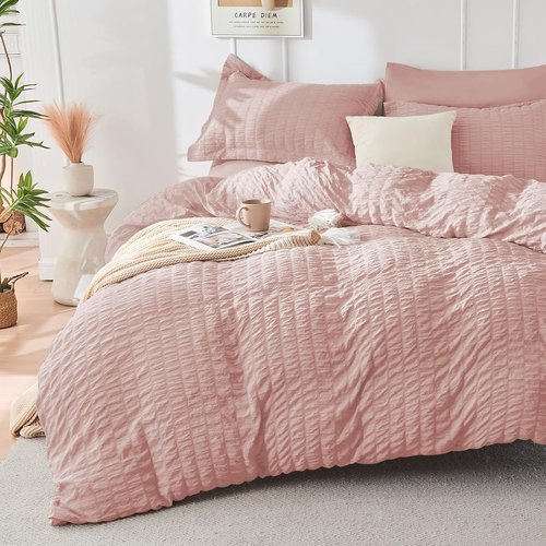 HYMOKEGE King Size Comforter Set - Luxurious Rose Gold Seersucker 7-Piece Bedding Set | All-Season Comfort