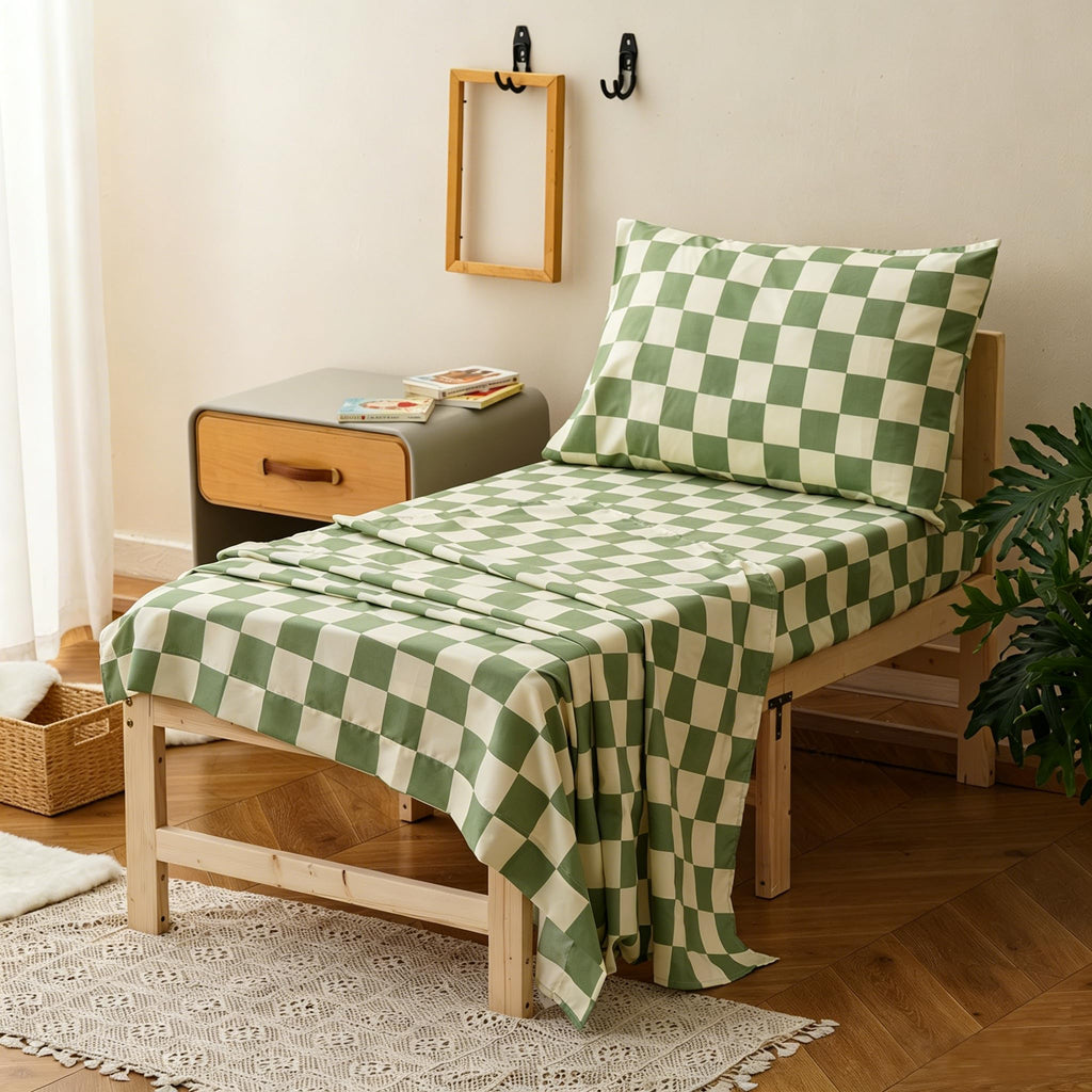 Wellboo Green White Plaid Toddler Bedding Sets for Girls Boys Sage and White Checkerboard Grid 4 Pieces Soft Crib Bed Set Including Comforter, Sheets and Pillowcase Kids Checkered Geometric Quilt