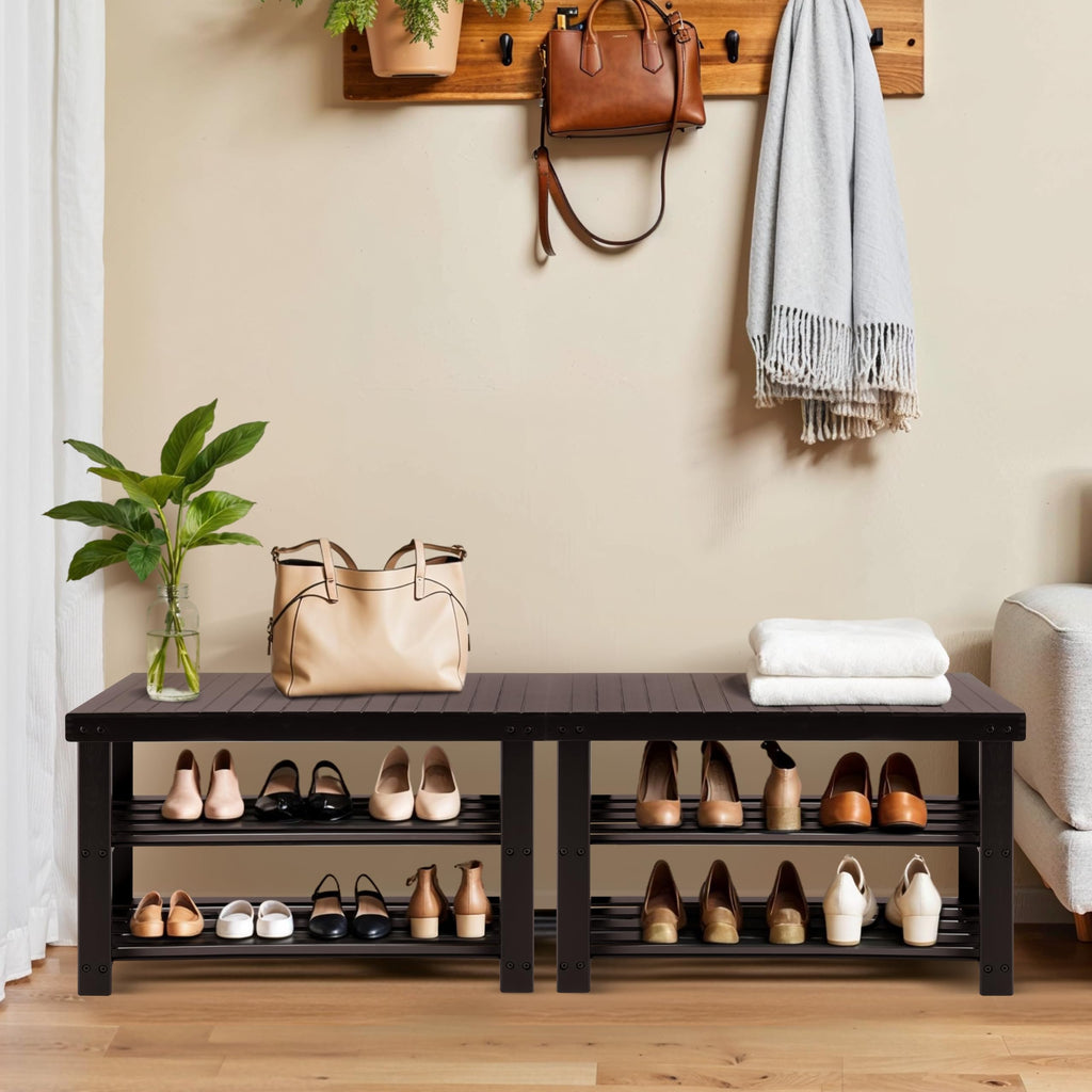 Simple Deluxe Shoe Rack Bench, 3-Tier Bamboo Storage Organizer, 286lb Capacity Entryway Bench for Front Door, Bedroom, Living Room, Bathroom, Balcony, Stylish Shoes Brown (11.3 x 27.6 x 17.8 Inches)