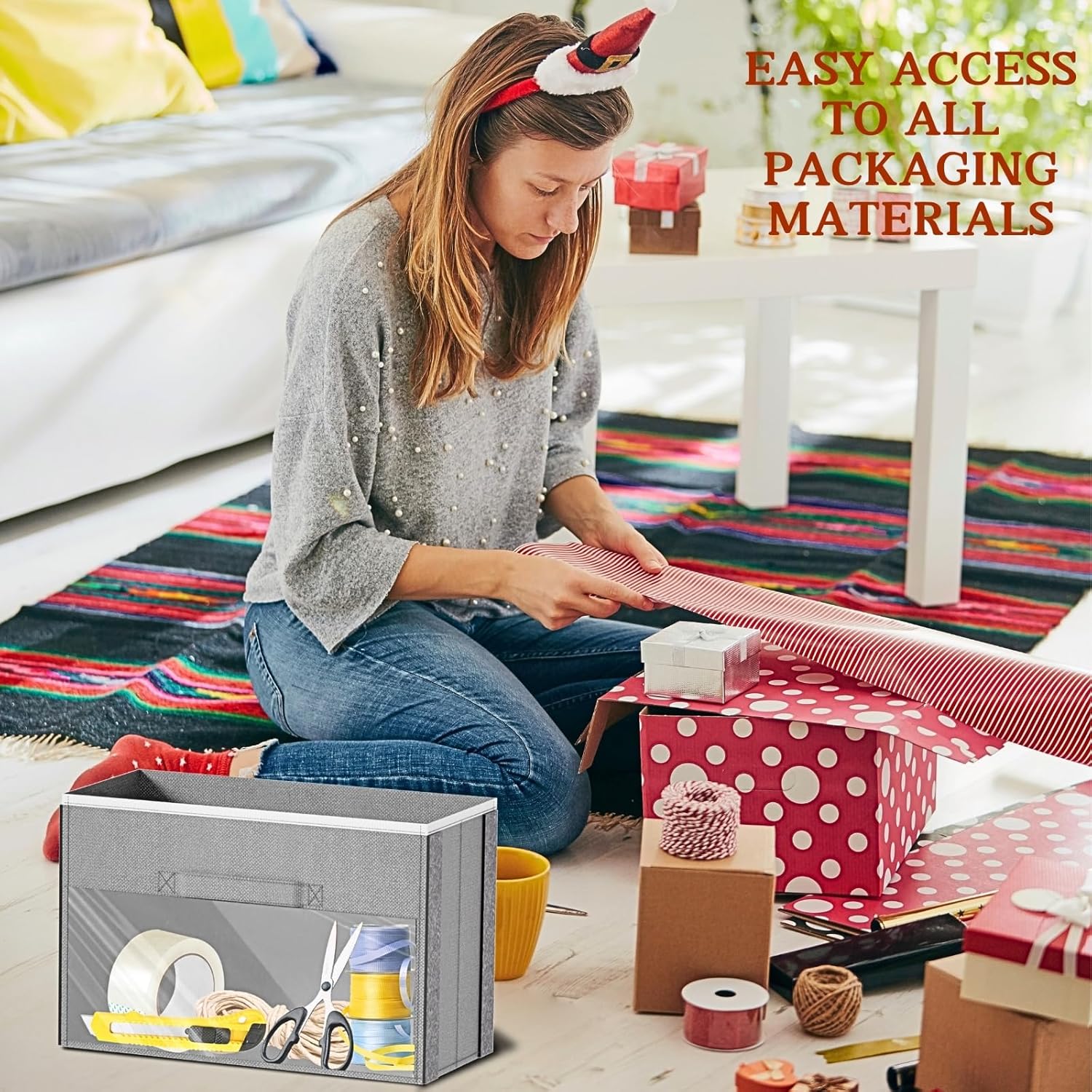 Skiennix Over Door Wrapping Paper Organizer - Light Grey Storage with 3 Removable Drawers & Side Pockets
