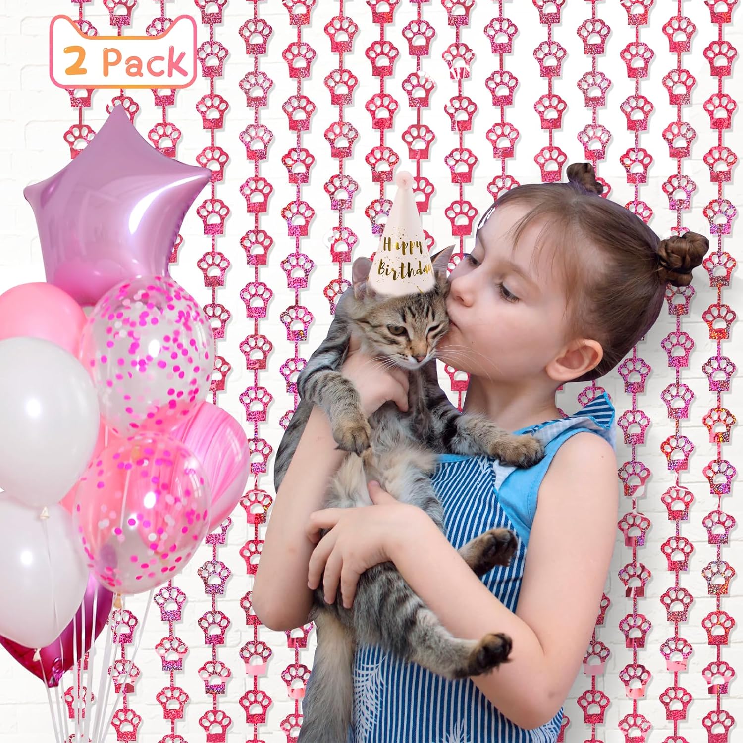 MENSTARSI Cat Birthday Decorations - 2 Pack Pink Cat Paw Party Supplies | 3.3x6.6 Ft Foil Fringe Curtains & Tinsel Backdrop