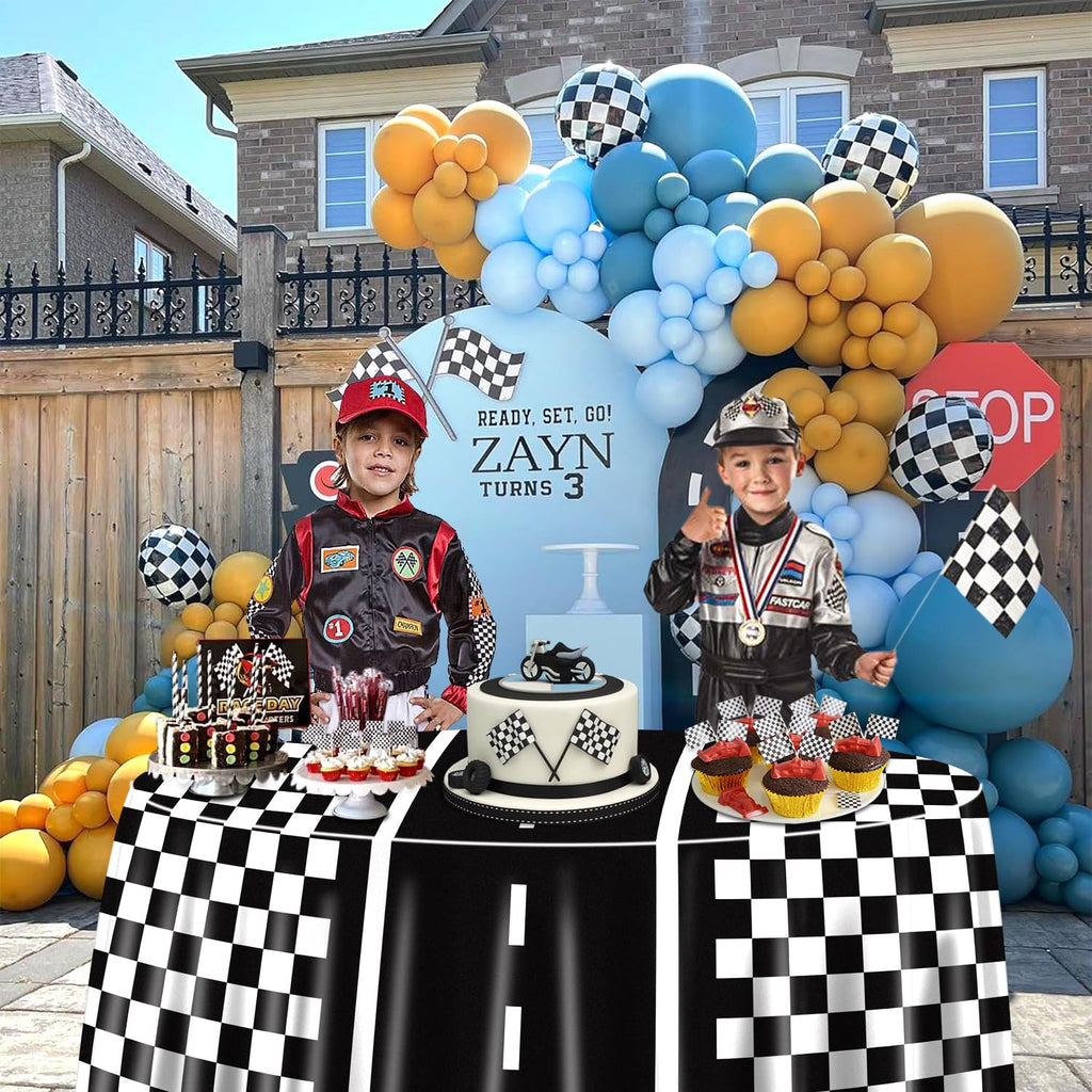 PIXHOTUL Racing Car Tablecloths for Round Table, Plastic Black Racetrack Tablecover for Kid's Birthday Racing Car Theme Party Fast One Two Fast Party, 84 x 84in