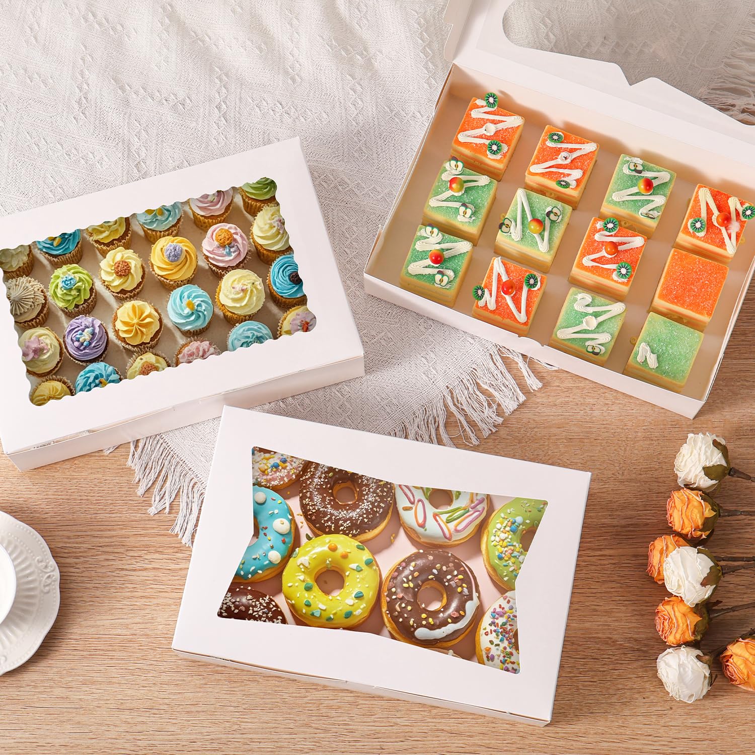 PFAMKEER 12pcs12x8x2.5 Inches Bakery Boxes,Cookie Boxes with 3Style for Window Bread,Treat，Chocolate,Strawberries,Dessert,Cakes,Donuts,Muffins,pastry