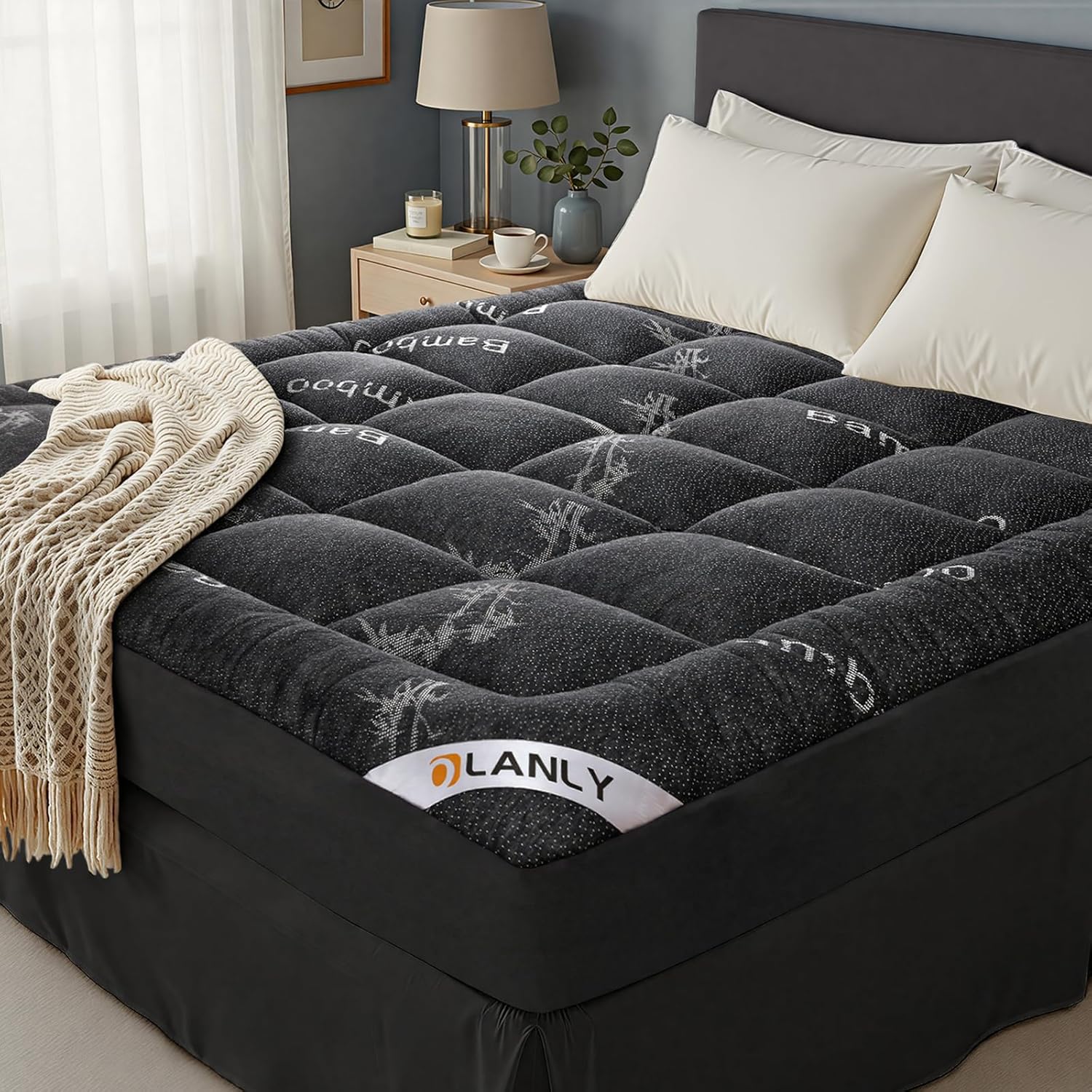 OLANLY Queen Mattress Topper - Cooling Bamboo Viscose Pillow Top for Back Pain Relief | Plush Dark Gray