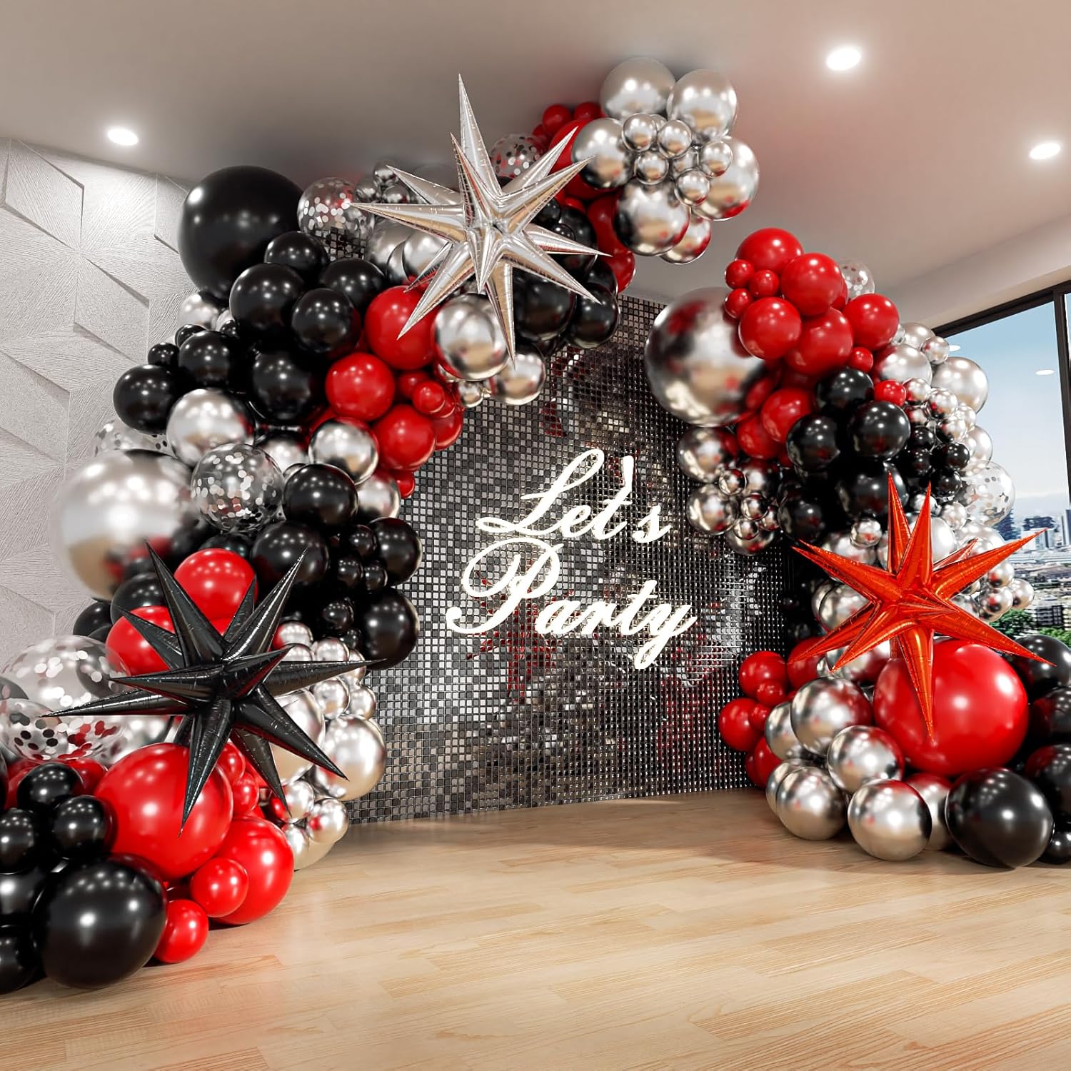 Red & Black Balloon Arch Kit - 3 Star Balloons & Garland for Birthday, Graduation, New Year Celebrations