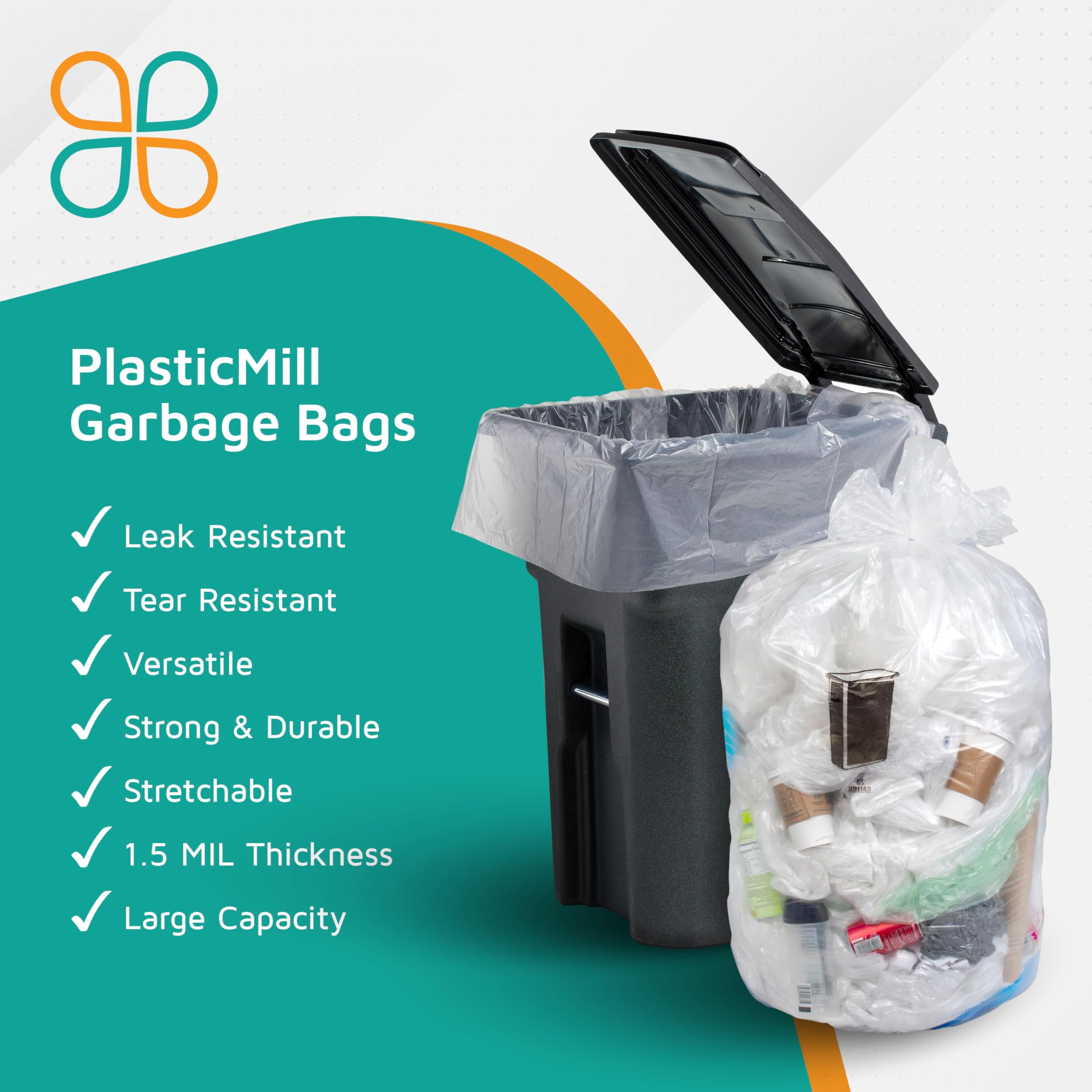 PlasticMill Heavy Duty Trash Bags - Clear Garbage Bags - Plastic Trash Bags for Large Rolling Trash Bins - Tall Trash Bags - 100-Gallon Large Kitchen Trash Bags, 1.3 Mil, 67"x79" (10-Count)