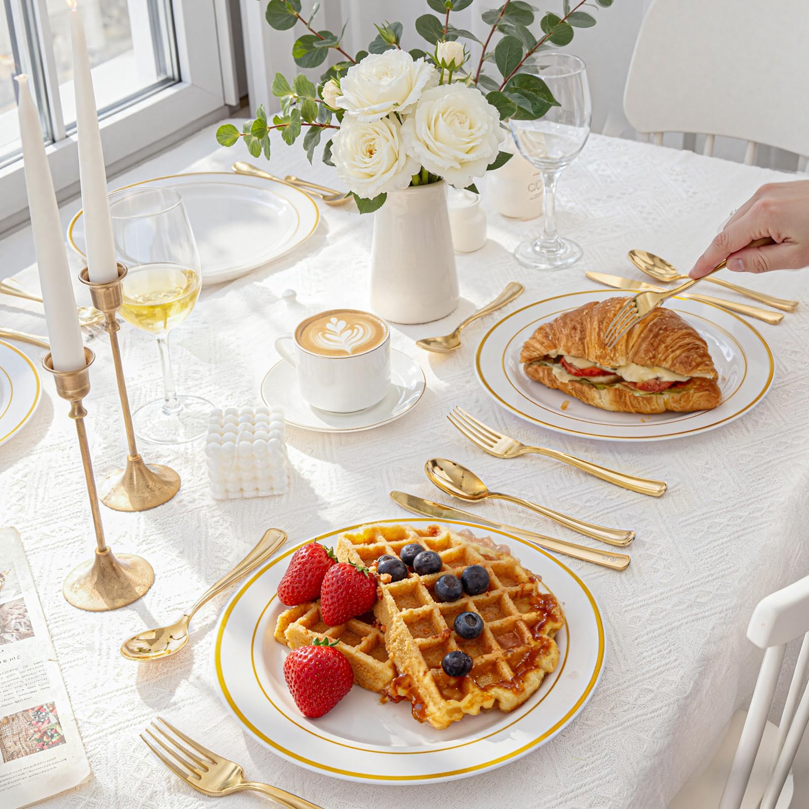 WDF 500PCS Gold Plastic Silverware Set Disposable - Gold Cutlery Set Plastic - 250Forks, 125 Spoons, 125 Knives for Party Baby Shower Wedding Spring