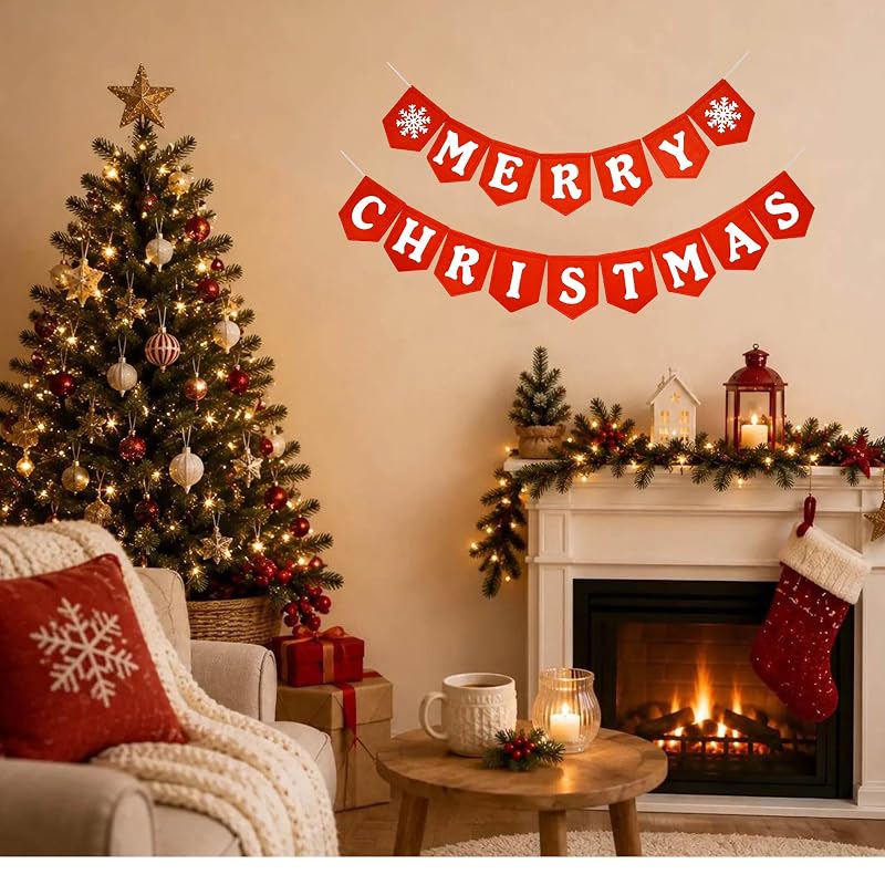 Merry Christmas Banner - Red White Felt Indoor Wall Sign, Ready-to-Hang (Variation: Red White)