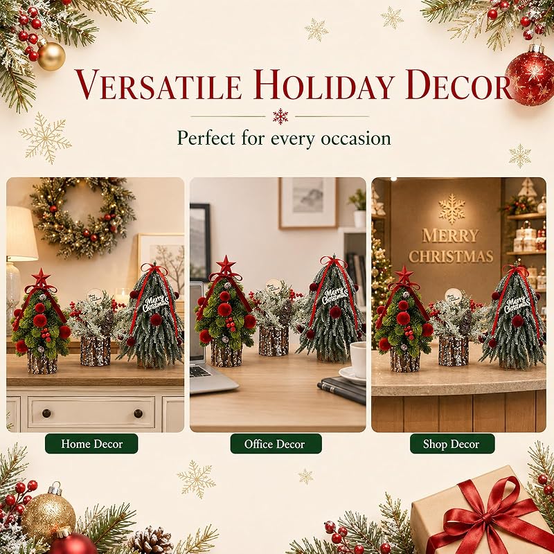 2 Pack Mini Christmas Trees with Red Velvet Pine Needles – Tabletop Decor, Rustic Stump Base