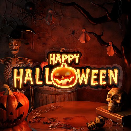 Happy Halloween Neon Sign - Dimmable Black & Orange LED Light for Spooky Party Decor | UV Printed Wall Art