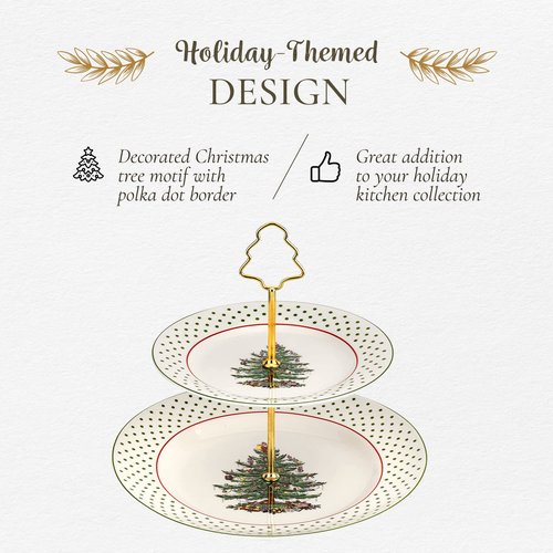 Spode Christmas Tree 2-Tiered Server (8" & 10") - Polka Dot Tiered Tray for Serving Food, Cake, Desserts, Holiday Treats, Festive Tableware with Gold Handle, Durable Stoneware - Dishwasher Safe