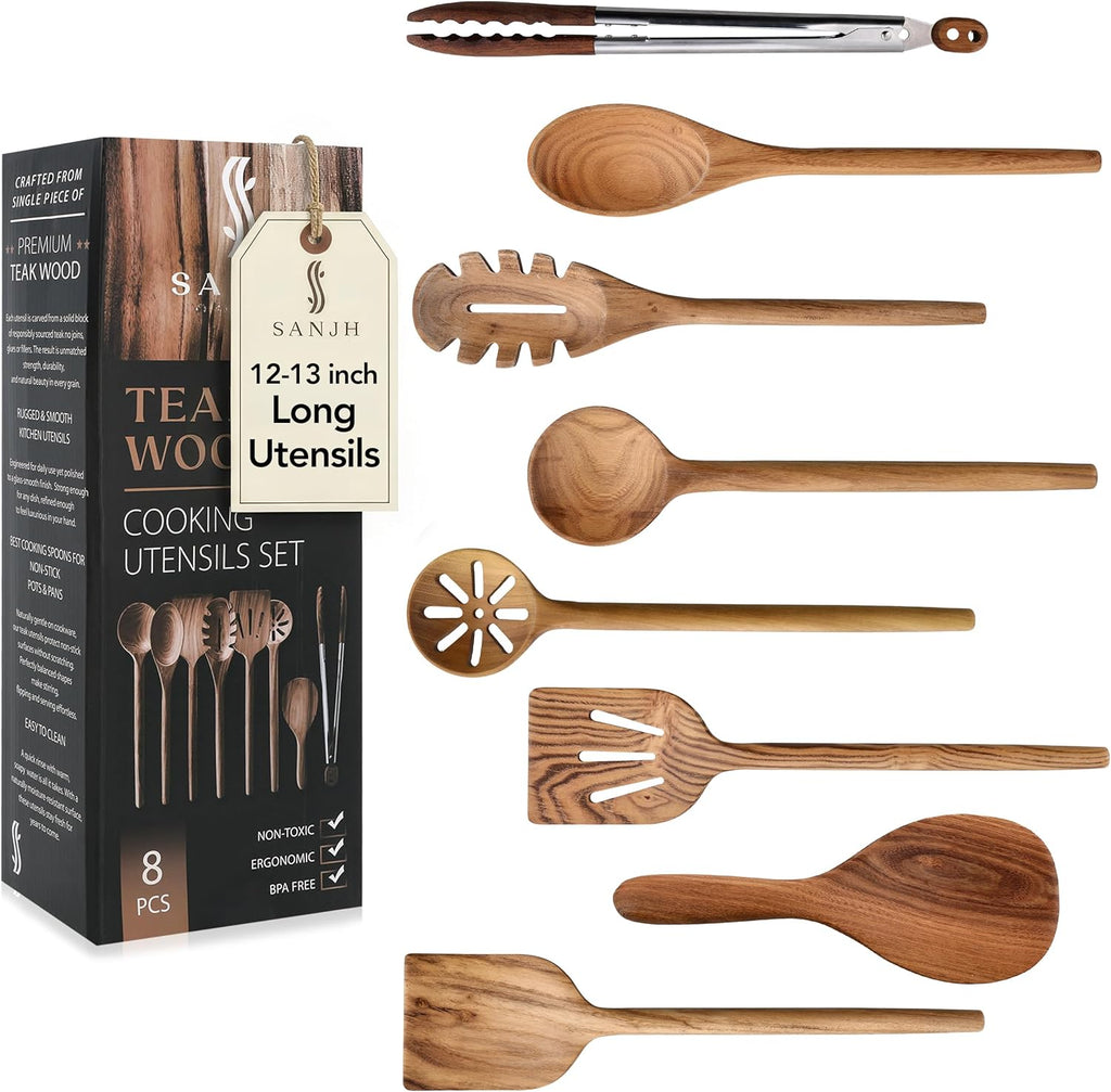 Skiennix 8-Piece Teak Wooden Cooking Spoons Set - Smooth Sanded Utensils with Comfortable Grip Handles