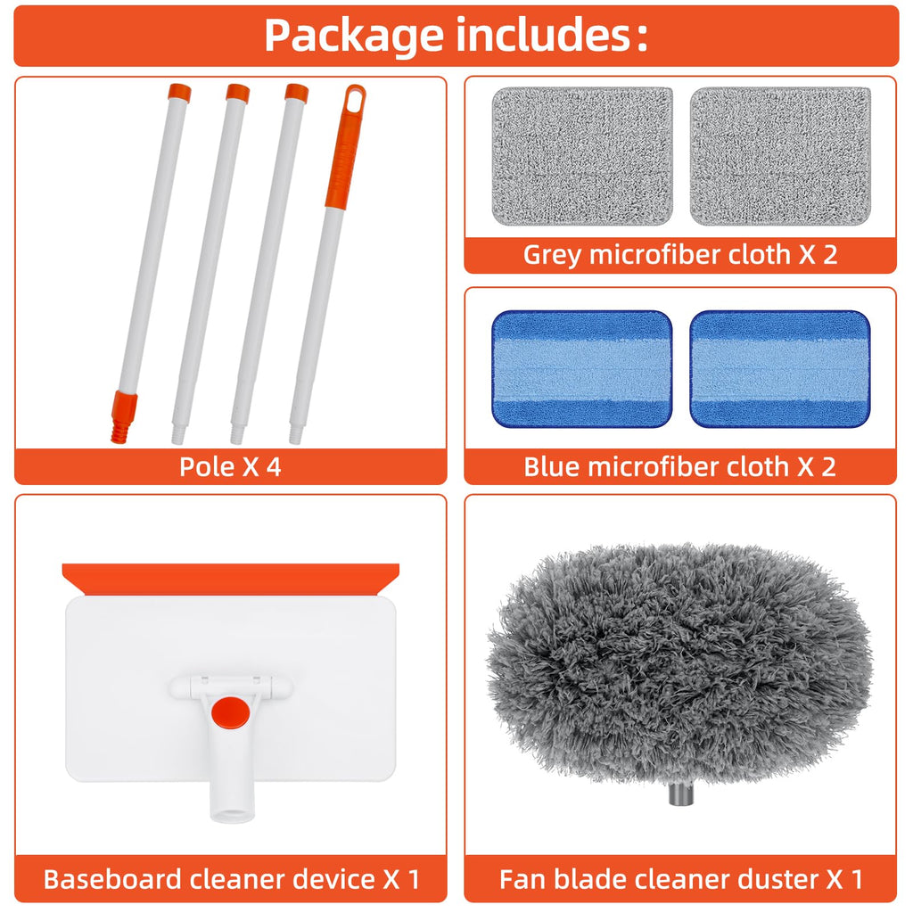 Baseboard Cleaner Tool with Handle, Extendable Long Handle Baseboard Cleaning Duster with Reusable Pads for Floorboard, Ceiling Fan Blade Cleaner Duster (Gray)