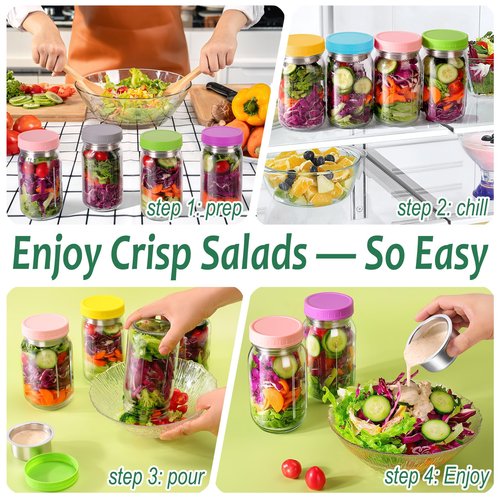 KTKUDY 6 Pack 32 oz Glass Salad Jars with Dressing Cups (Pod) - Meal Prep Salad Container for Lunch - Leakproof Mason Jars with Lids