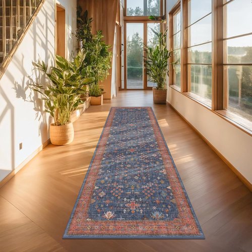 Hazo Haus Washable 3x8 Long Runner Rug - Navy Blue Waterproof, Pet-Friendly, Non-Slip Design