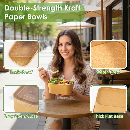 FEHHTO 50-Pack 30oz Meal Prep Containers Disposable Kraft Paper Bowls 【with Lids and Forks】, Compostable Large Heavy Duty To Go Food Containers, Microwave & Freezer Safe for Hot & Cold Foods