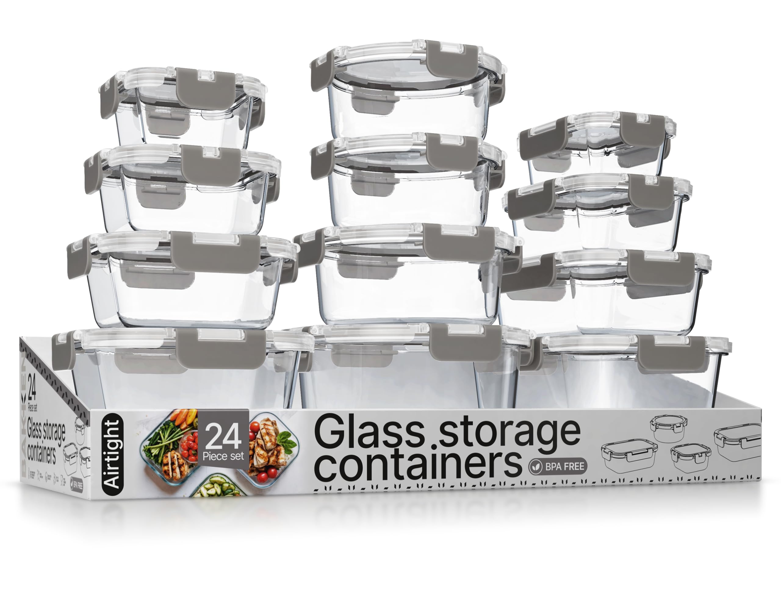 Bakken Borosilicate Glass Food Storage Containers with Lids 24 Pieces, BPA-Free Stackable Lunch & Leftover Containers, Microwave, Freezer & Dishwasher Safe, 100% Airtight Leak-Proof, Gray