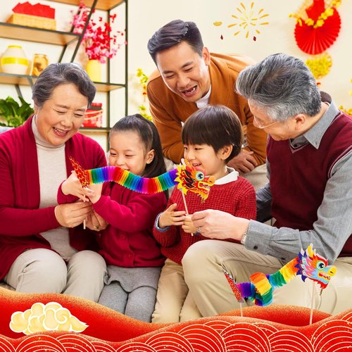 Chinese New Year Paper Dragon Decorations by [Brand Name] - 3D Hanging Garland & Handheld Toys | 8 Pcs Set